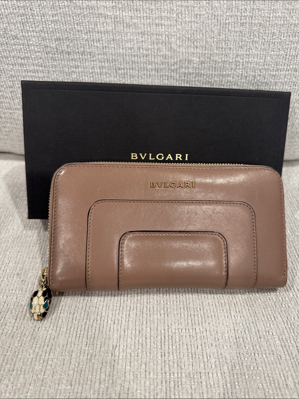 Bulgari Taupe Leather Zip Wallet with Serpenti Charm